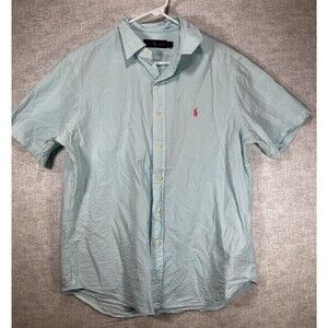 Ralph Lauren Short Sleeve Button Up Blue Striped Seersucker Men’s Shirt Large